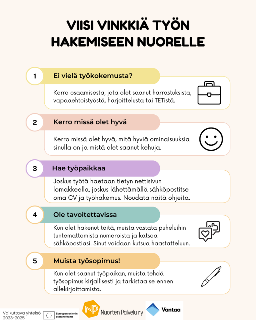 Viisi vinkkiä työnhakuun nuorelle: 1) kerro osaamisestasi 2) kerro missä olet hyvä 3) hae työpaikkaa 4) ole tavoitettavissa 5) muista työsopimus.